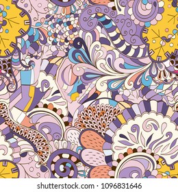 Tracery seamless pattern. Mehndi design. Ethnic colorful doodle texture. Curved doodling background. Vector