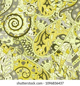 Tracery seamless pattern. Mehndi design. Ethnic colorful doodle texture. Curved doodling background. Vector