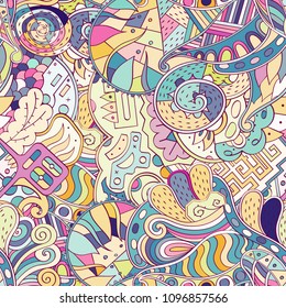 Tracery seamless pattern. Mehndi design. Ethnic colorful doodle texture. Curved doodling background. Vector