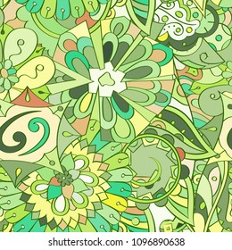 Tracery seamless pattern. Mehndi design. Ethnic colorful doodle texture. Curved doodling background. Vector