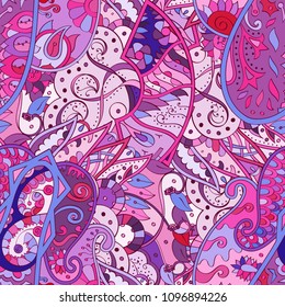 Tracery seamless pattern. Mehndi design. Ethnic colorful doodle texture. Curved doodling background. Vector