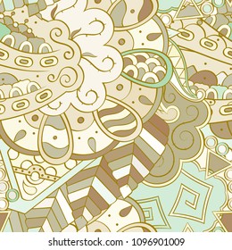 Tracery seamless pattern. Mehndi design. Ethnic colorful doodle texture. Curved doodling background. Vector