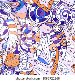 Tracery seamless pattern. Mehndi design. Ethnic colorful doodle texture. Curved doodling background. Vector