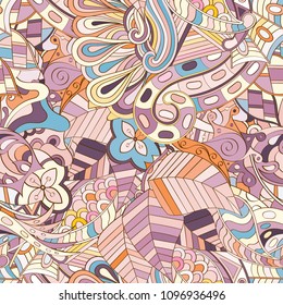 Tracery seamless pattern. Mehndi design. Ethnic colorful doodle texture. Curved doodling background. Vector