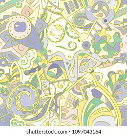 Tracery seamless pattern. Mehndi design. Ethnic colorful doodle texture. Curved doodling background. Vector