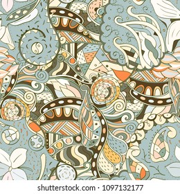 Tracery seamless pattern. Mehndi design. Ethnic colorful doodle texture. Curved doodling background. Vector