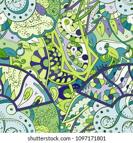Tracery seamless pattern. Mehndi design. Ethnic colorful doodle texture. Curved doodling background. Vector