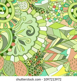 Tracery seamless pattern. Mehndi design. Ethnic colorful doodle texture. Curved doodling background. Vector