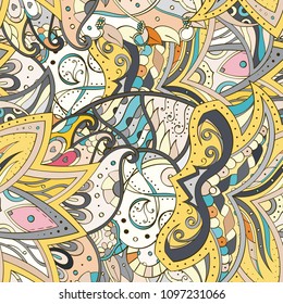 Tracery seamless pattern. Mehndi design. Ethnic colorful doodle texture. Curved doodling background. Vector