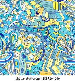 Tracery seamless pattern. Mehndi design. Ethnic colorful doodle texture. Curved doodling background. Vector