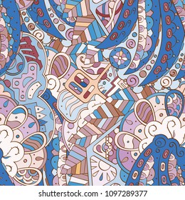 Tracery seamless pattern. Mehndi design. Ethnic colorful doodle texture. Curved doodling background. Vector