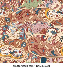 Tracery seamless pattern. Mehndi design. Ethnic colorful doodle texture. Curved doodling background. Vector