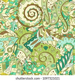 Tracery seamless pattern. Mehndi design. Ethnic colorful doodle texture. Curved doodling background. Vector