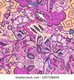 Tracery seamless pattern. Mehndi design. Ethnic colorful doodle texture. Curved doodling background. Vector