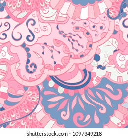 Tracery seamless pattern. Mehndi design. Ethnic colorful doodle texture. Curved doodling background. Vector