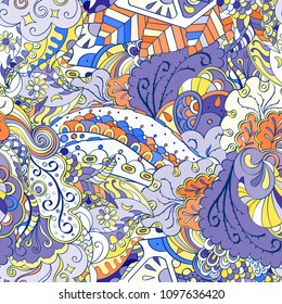 Tracery seamless pattern. Mehndi design. Ethnic colorful doodle texture. Curved doodling background. Vector
