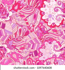 Tracery seamless pattern. Mehndi design. Ethnic colorful doodle texture. Curved doodling background. Vector