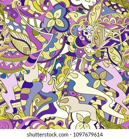 Tracery seamless pattern. Mehndi design. Ethnic colorful doodle texture. Curved doodling background. Vector