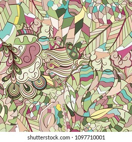 Tracery seamless pattern. Mehndi design. Ethnic colorful doodle texture. Curved doodling background. Vector