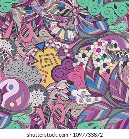 Tracery seamless pattern. Mehndi design. Ethnic colorful doodle texture. Curved doodling background. Vector