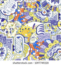 Tracery seamless pattern. Mehndi design. Ethnic colorful doodle texture. Curved doodling background. Vector