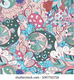 Tracery seamless pattern. Mehndi design. Ethnic colorful doodle texture. Curved doodling background. Vector
