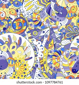 Tracery seamless pattern. Mehndi design. Ethnic colorful doodle texture. Curved doodling background. Vector
