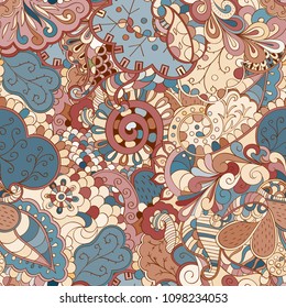Tracery seamless pattern. Mehndi design. Ethnic colorful doodle texture. Curved doodling background. Vector