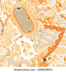 Tracery seamless pattern. Mehndi design. Ethnic colorful doodle texture. Curved doodling background. Vector