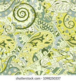 Tracery seamless pattern. Mehndi design. Ethnic colorful doodle texture. Curved doodling background. Vector
