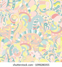 Tracery seamless pattern. Mehndi design. Ethnic colorful doodle texture. Curved doodling background. Vector