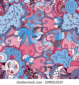 Tracery seamless pattern. Mehndi design. Ethnic colorful doodle texture. Curved doodling background. Vector