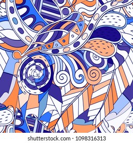 Tracery seamless pattern. Mehndi design. Ethnic colorful doodle texture. Curved doodling background. Vector