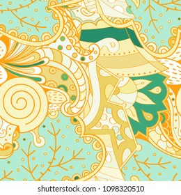 Tracery seamless pattern. Mehndi design. Ethnic colorful doodle texture. Curved doodling background. Vector