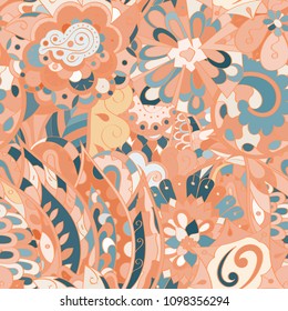 Tracery seamless pattern. Mehndi design. Ethnic colorful doodle texture. Curved doodling background. Vector