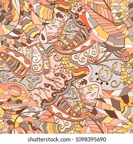 Tracery seamless pattern. Mehndi design. Ethnic colorful doodle texture. Curved doodling background. Vector