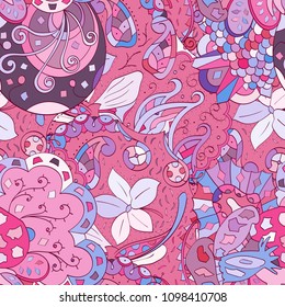 Tracery seamless pattern. Mehndi design. Ethnic colorful doodle texture. Curved doodling background. Vector