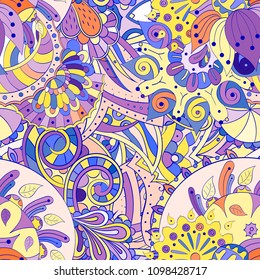 Tracery seamless pattern. Mehndi design. Ethnic colorful doodle texture. Curved doodling background. Vector