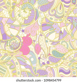 Tracery seamless pattern. Mehndi design. Ethnic colorful doodle texture. Curved doodling background. Vector
