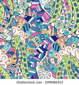 Tracery seamless pattern. Mehndi design. Ethnic colorful doodle texture. Curved doodling background. Vector