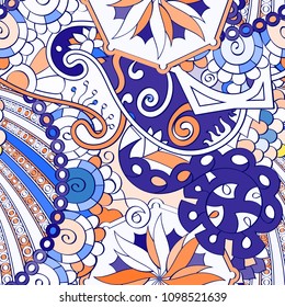 Tracery seamless pattern. Mehndi design. Ethnic colorful doodle texture. Curved doodling background. Vector