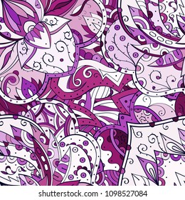 Tracery seamless pattern. Mehndi design. Ethnic colorful doodle texture. Curved doodling background. Vector