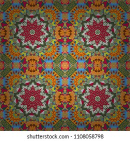 Tracery seamless pattern. Mehndi design. Ethnic colorful doodle texture in blue, green and yellow colors. Vector curved doodling background.