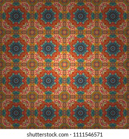 Tracery seamless pattern. Mehndi design. Ethnic binary doodle texture. Curved doodling in orange, blue and beige colors. Vector illustration.