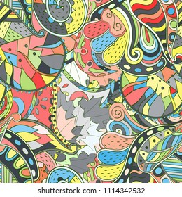 Tracery seamless pattern. Mehndi design. Ethnic colorful doodle texture. Curved doodling background. Vector