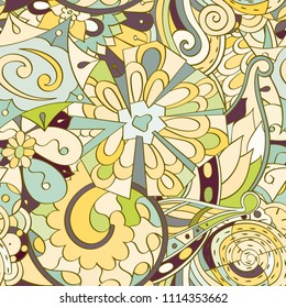 Tracery seamless pattern. Mehndi design. Ethnic colorful doodle texture. Curved doodling background. Vector