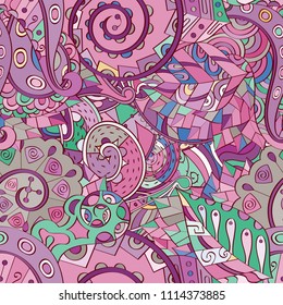 Tracery seamless pattern. Mehndi design. Ethnic colorful doodle texture. Curved doodling background. Vector