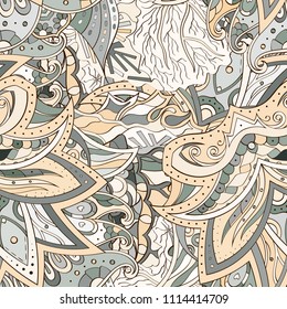 Tracery seamless pattern. Mehndi design. Ethnic colorful doodle texture. Curved doodling background. Vector