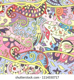 Tracery seamless pattern. Mehndi design. Ethnic colorful doodle texture. Curved doodling background. Vector
