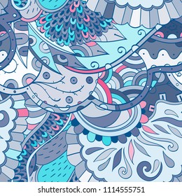 Tracery seamless pattern. Mehndi design. Ethnic colorful doodle texture. Curved doodling background. Vector